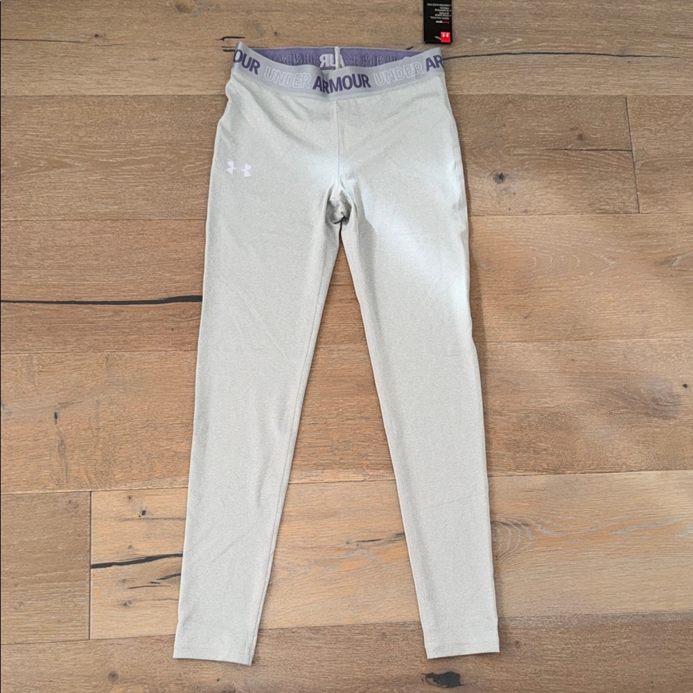 Girls Under Armour Heat Gear Light Gray & Purple Leggings Youth Large NWTS